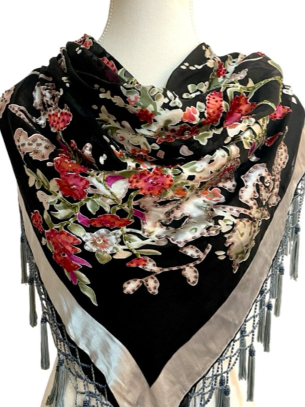 Anne French Beaded Floral Silk Scarf Shawl 42" Square Black Red Fringe